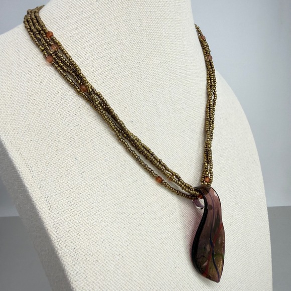 Dichroic Glass Teardrop Pendant Necklace Multi Strand Bronze Seed Beads - Picture 9 of 10